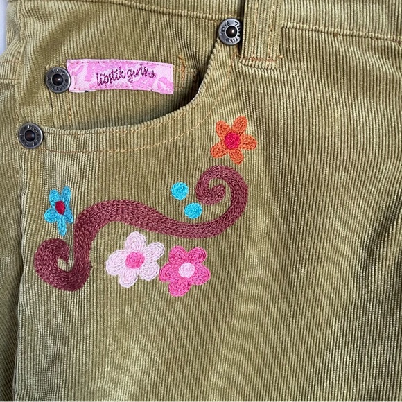 Lipstikgirls Corduroy Lime Green floral Embroidered Pants size 8 - Picture 4 of 10